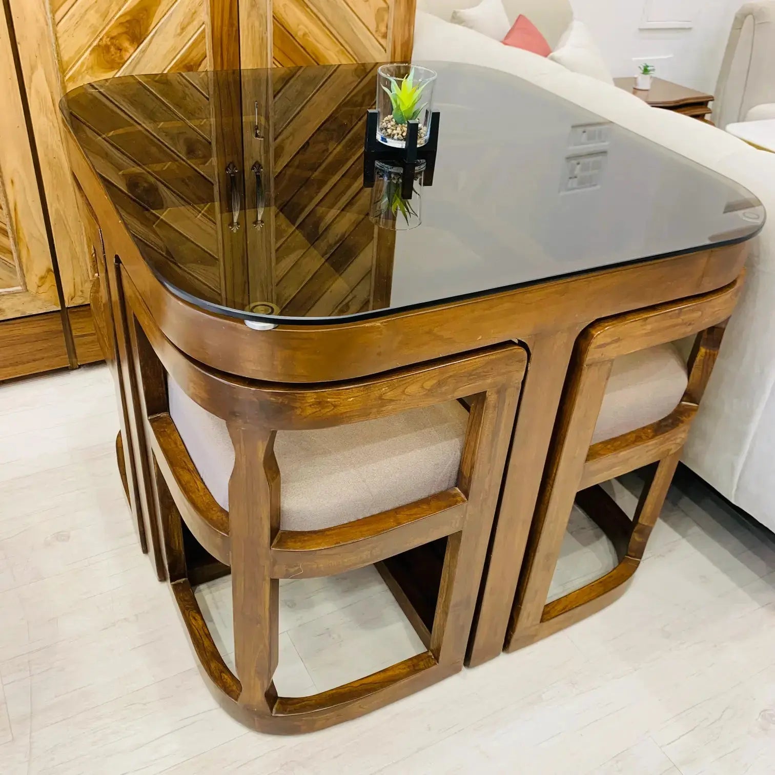 Compact Dining Table Set With 4 Chairs, Space-saving With Stowaway Chairs- By Lush and Lavish Furniture And Interior Lush & Lavish