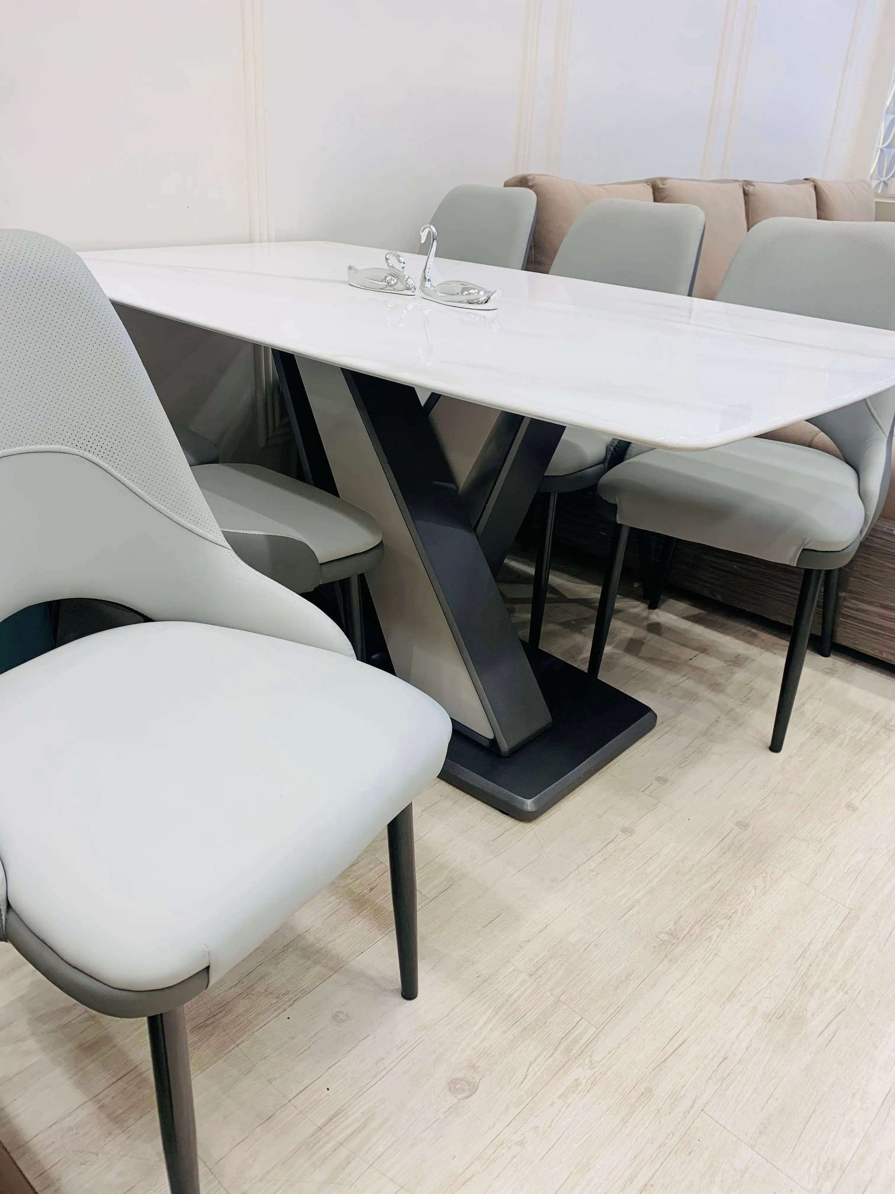 Gray 6 Seater Marble Top Dining Table By Lush & Lavish Furniture And Interior, Mumbai Lush & Lavish